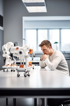 shot of a young man having coffee while his robotic counterpart is working in the background