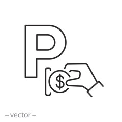 paid parking icon, payment for machine area P, car parking fee, thin line symbol - editable stroke vector illustration