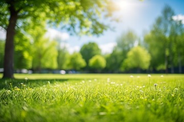 Beautiful blurred background image of spring nature with a neatly trimmed lawn surrounded by trees against a blue sky