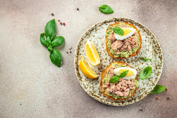 Open sandwiches with canned tuna, boiled egg, avocado for snack or lunch. banner, menu, recipe place for text, top view
