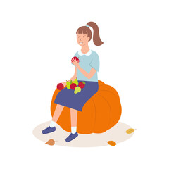 Girl sitting on a big pumpkin