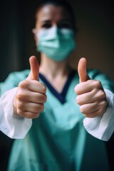doctor, hands and thumbs up in covid safety to promote healthcare advice