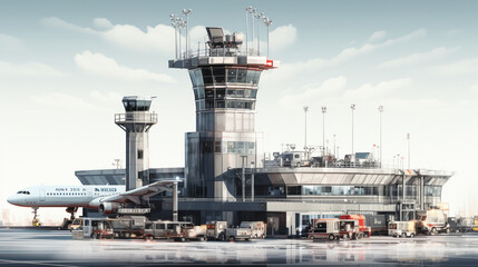 Depict a cargo airport control tower overseeing the busy airspace, guiding planes and ensuring smooth operations Generative AI - obrazy, fototapety, plakaty