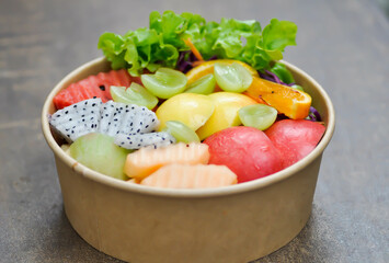 fruit and vegetable salad or apple, dragon fruit and lettuce salad