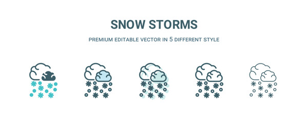 snow storms icon in 5 different style. Outline, filled, two color, thin snow storms icon isolated on white background. Editable vector can be used web and mobile