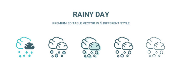 rainy day icon in 5 different style. Outline, filled, two color, thin rainy day icon isolated on white background. Editable vector can be used web and mobile