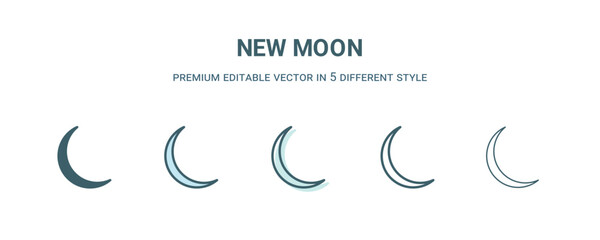new moon icon in 5 different style. Outline, filled, two color, thin new moon icon isolated on white background. Editable vector can be used web and mobile