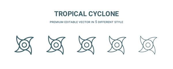tropical cyclone icon in 5 different style. Thin, light, regular, bold, black tropical cyclone icon isolated on white background.