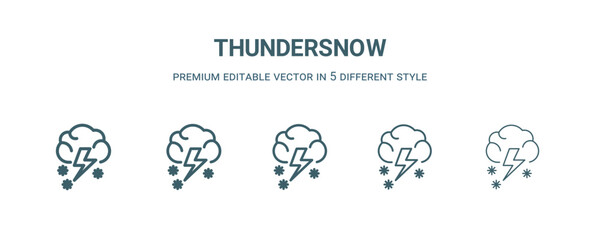 thundersnow icon in 5 different style. Thin, light, regular, bold, black thundersnow icon isolated on white background.