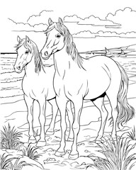 Horses in the beach coloring page - coloring book