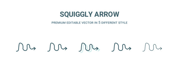 squiggly arrow icon in 5 different style. Outline, filled, two color, thin squiggly arrow icon isolated on white background. Editable vector can be used web and mobile