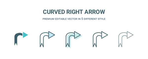 curved right arrow icon in 5 different style. Outline, filled, two color, thin curved right arrow icon isolated on white background. Editable vector can be used web and mobile