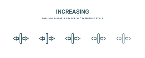 increasing icon in 5 different style. Thin, light, regular, bold, black increasing icon isolated on white background.