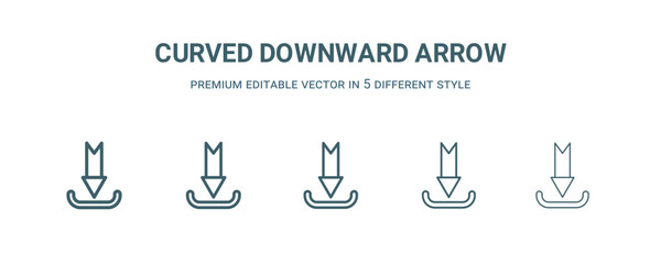 curved downward arrow icon in 5 different style. Thin, light, regular, bold, black curved downward arrow icon isolated on white background.