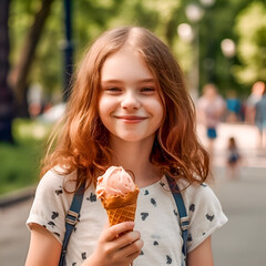 The girl walks in the park and eats ice cream in a crispy cone.