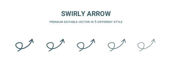 swirly arrow icon in 5 different style. Thin, light, regular, bold, black swirly arrow icon isolated on white background.