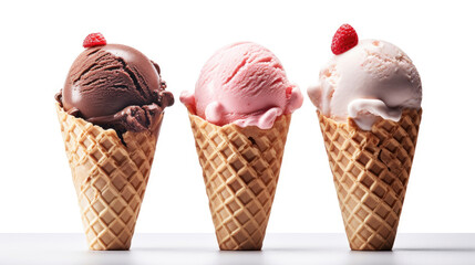 Ice Cream, Chocolate, vanilla and strawberry Ice cream in the cone on white background. Generative Ai
