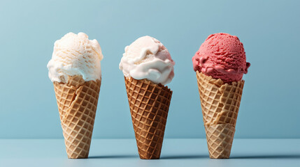 Ice Cream, Chocolate, vanilla and strawberry Ice cream in the cone on blue background. Generative Ai