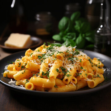 Delicious bowl of penne paste with grated cheese and parsley at an upscale restaurant