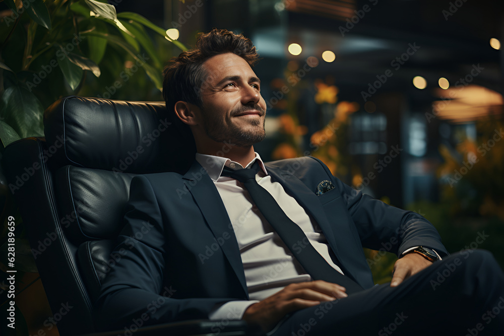 Wall mural smiling successful businessman leaned back in his leather chair. generated ai