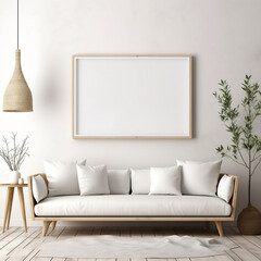 Frame mockup in minimalist decorated interior background, 3d render, white couch created using generative ai