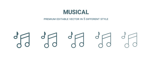 musical icon in 5 different style. Thin, light, regular, bold, black musical icon isolated on white background.