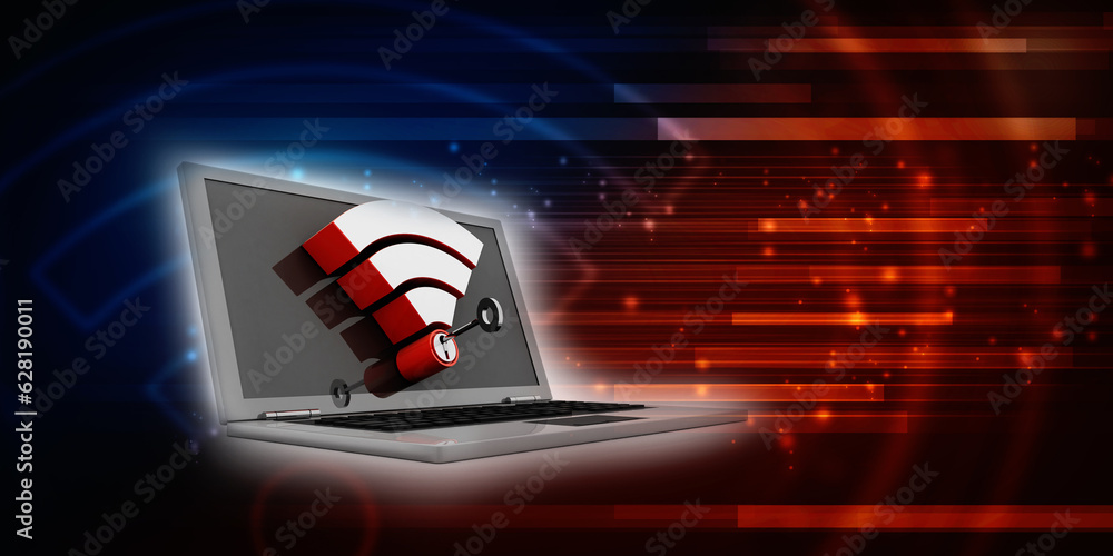 Poster 3d rendering laptop with wifi