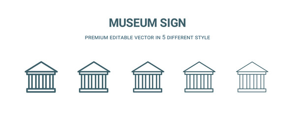 museum sign icon in 5 different style. Thin, light, regular, bold, black museum sign icon isolated on white background.