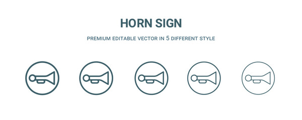 horn sign icon in 5 different style. Thin, light, regular, bold, black horn sign icon isolated on white background.