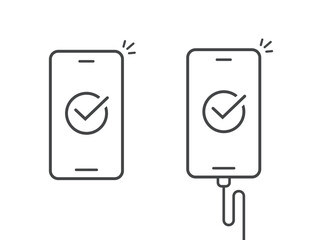 Cell phone check mark apply simple pictogram graphic vector line outline art, mobile smartphone charge status checkmark done, validate update conformation, success survey tick, power plug cable image