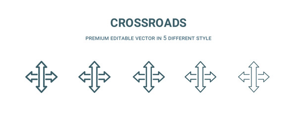 crossroads icon in 5 different style. Thin, light, regular, bold, black crossroads icon isolated on white background.