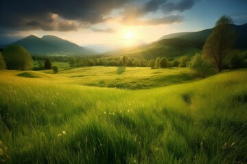 Obraz premium Beautiful landscape countryside with green meadow on the hill Created with Generative AI technology.