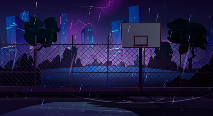 Obraz premium Night basketball court in rainy weather. Vector cartoon illustration of water puddles on dark playground for outdoor sport activities, rainfall pouring, lightning in sky above big city buildings