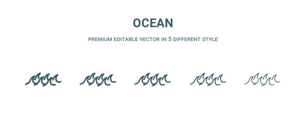 ocean icon in 5 different style. Thin, light, regular, bold, black ocean icon isolated on white background.