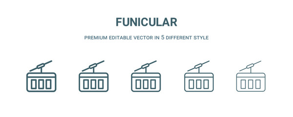 funicular icon in 5 different style. Thin, light, regular, bold, black funicular icon isolated on white background.
