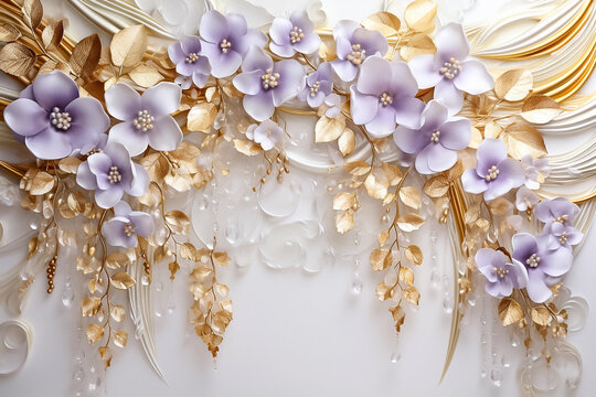 Fototapeta Wedding background with purple flowers and golden leaves. Luxury backdrop for photo album, ornate mural. Generative AI