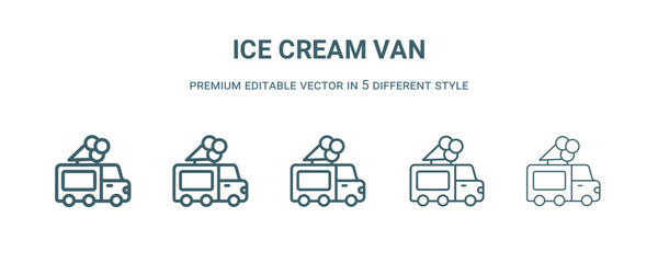 ice cream van icon in 5 different style. Thin, light, regular, bold, black ice cream van icon isolated on white background.