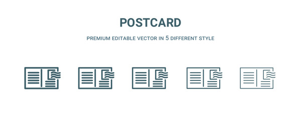 postcard icon in 5 different style. Thin, light, regular, bold, black postcard icon isolated on white background.