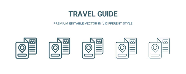 travel guide icon in 5 different style. Thin, light, regular, bold, black travel guide icon isolated on white background.