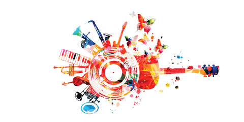 Colorful musical promotional poster with musical instruments isolated vector illustration. Artistic playful design with LP vinyl disc for live concert events, music festivals and shows, party flyer	