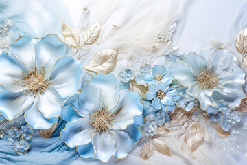 Wedding background with blue flowers and golden leaves. Luxury backdrop for photo album, ornate mural. Generative AI