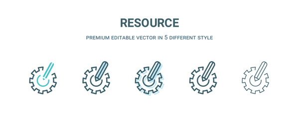resource icon in 5 different style. Outline, filled, two color, thin resource icon isolated on white background. Editable vector can be used web and mobile