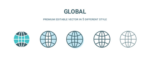 global icon in 5 different style. Outline, filled, two color, thin global icon isolated on white background. Editable vector can be used web and mobile