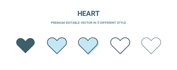 heart icon in 5 different style. Outline, filled, two color, thin heart icon isolated on white background. Editable vector can be used web and mobile