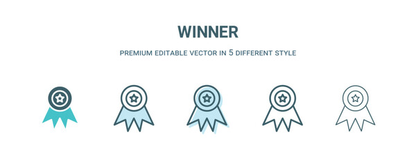 winner icon in 5 different style. Outline, filled, two color, thin winner icon isolated on white background. Editable vector can be used web and mobile