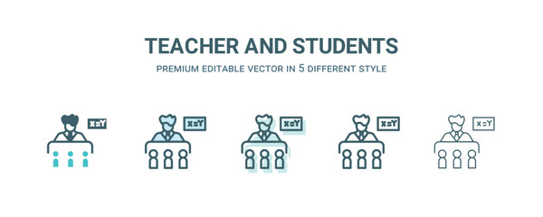 teacher and students icon in 5 different style. Outline, filled, two color, thin teacher and students icon isolated on white background. Editable vector can be used web and mobile