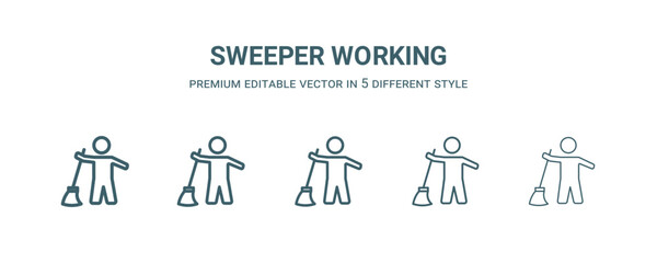 sweeper working icon in 5 different style. Thin, light, regular, bold, black sweeper working icon isolated on white background.