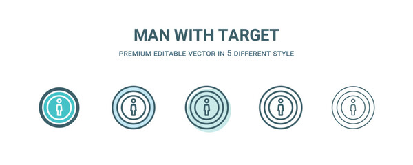 man with target icon in 5 different style. Outline, filled, two color, thin man with target icon isolated on white background. Editable vector can be used web and mobile