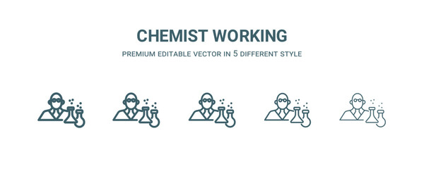 chemist working icon in 5 different style. Thin, light, regular, bold, black chemist working icon isolated on white background.