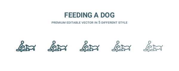 feeding a dog icon in 5 different style. Thin, light, regular, bold, black feeding a dog icon isolated on white background.
